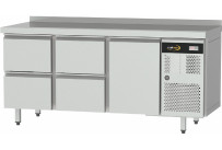 Kühltisch Zentralkühlung, GN 1/1, 1 Tür und 4 Schubladen, Tischplatte mit Aufkantung
