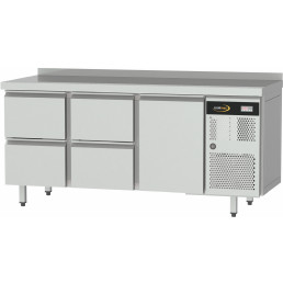 Kühltisch Zentralkühlung, GN 1/1, 1 Tür und 4 Schubladen, Tischplatte mit Aufkantung