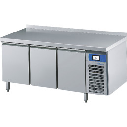 Kühltisch 3 Türen je 9 x GN 1/1 / mit Tischplatte hinten aufgekantet